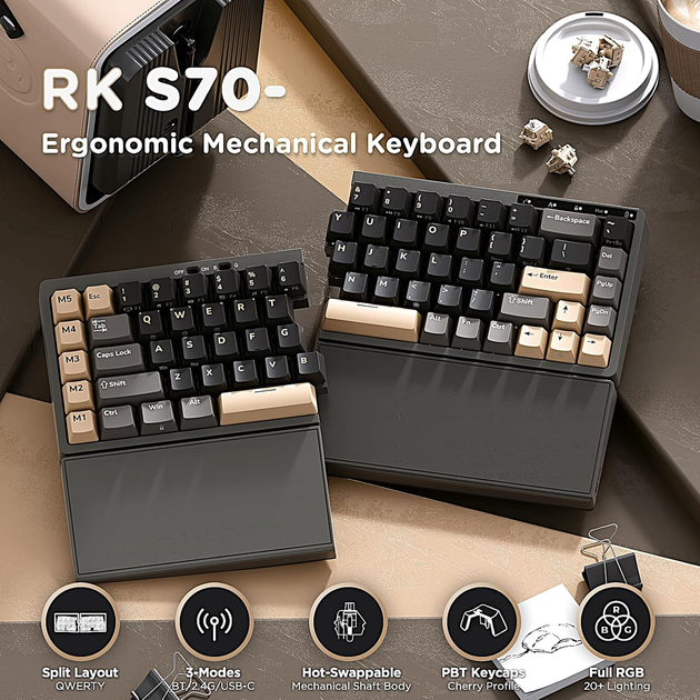Механическая раздельная клавиатура RK ROYAL KLUDGE RKS70 RGB: Беспроводная 2.4GHz/BT/USB-C, Hot-Swap, 75%, Черная - изображение 4