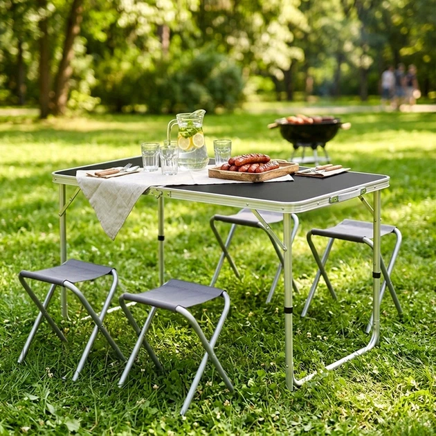Stół turystyczny Vilde 489412 składany 3w1 120 x 60 x 55/62/70 cm z krzesłami Grafitowy (5900670121768) - obraz 9
