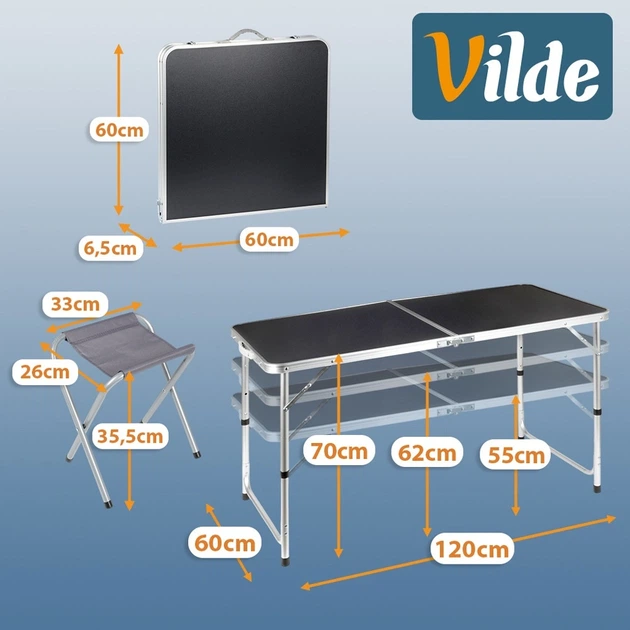 Stół turystyczny Vilde 489412 składany 3w1 120 x 60 x 55/62/70 cm z krzesłami Grafitowy (5900670121768) - obraz 14