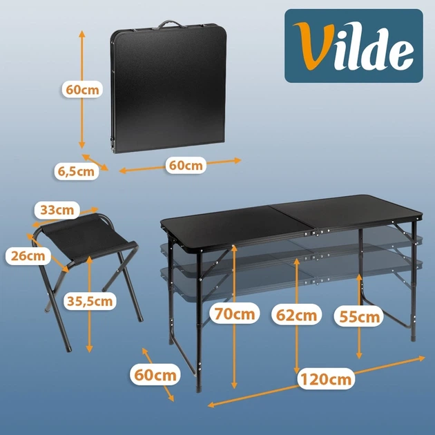 Стіл туристичний Vilde 489413 розкладний 120 x 60 x 55/62/70 см зі стільцями Чорний (5900670121775) - зображення 9