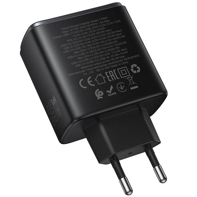 Мережевий зарядний пристрій Hoco C160A Upgrade PD65W+QC3.0 (1USB-A/2C) Black - Фото 2 Мережевий зарядний пристрій Hoco C160A Upgrade PD65W+QC3.0 (1USB-A/2C) Black - изображение 2
