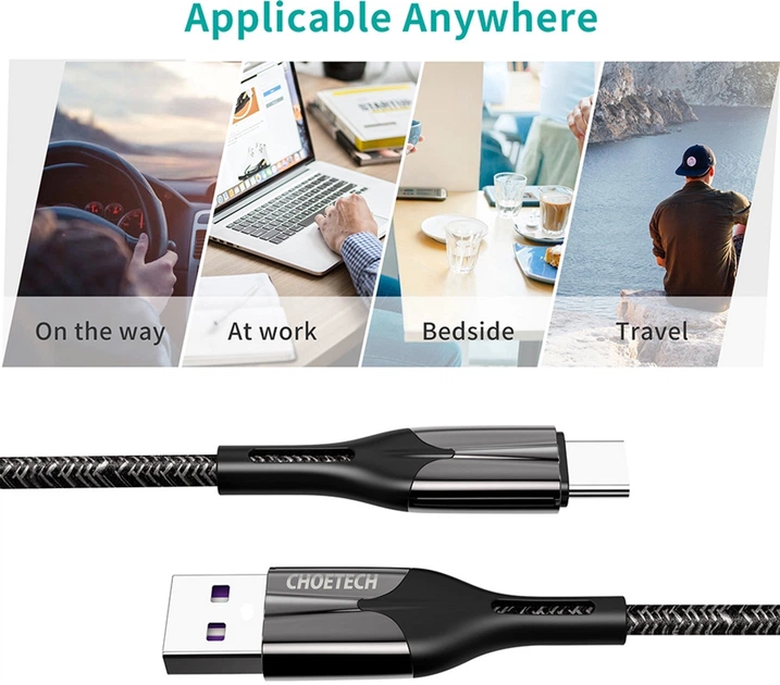 Кабель CHOETECH PowerSync Fast Charging Cable USB-A to USB-C 5A 1.2 м Black (AC0013-BK) - изображение 10