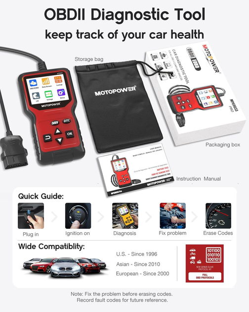 Автосканер MOTOPOWER MP69033 Pro OBD2 с тестером аккумулятора 12 В, TFT 2,8″, Live Data, проверка генератора, красный - изображение 7