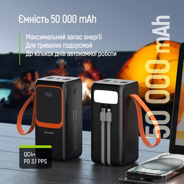 УМБ ColorWay Power Bank 50 000 mAh PowerView (USB QC4.0 + USB-C PD22.5W) Black (CW-PB500LP02BK) - Фото 7 УМБ ColorWay Power Bank 50 000 mAh PowerView (USB QC4.0 + USB-C PD22.5W) Black (CW-PB500LP02BK) - изображение 7