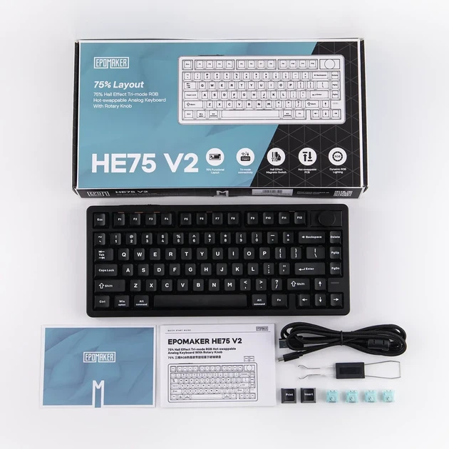 Беспроводная магнитная клавиатура Epomaker HE75 V2 Black, 75%, Hall Effect, Rapid Trigger, 8000 Гц, RGB, (2.4G/Bluetooth/USB) - изображение 3