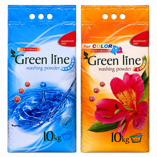 Набір безфосфатних пральних порошків Green Line Strong та Color 20 кг (2 шт по 10 кг) - Фото 1 Набір безфосфатних пральних порошків Green Line Strong та Color 20 кг (2 шт по 10 кг) - зображення 1