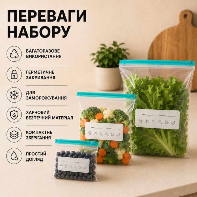Набір багаторазових Zip-Lock пакетів для зберігання продуктів із бігунком 45 шт, 3 розміри - Фото 5 Набір багаторазових Zip-Lock пакетів для зберігання продуктів із бігунком 45 шт, 3 розміри - зображення 5