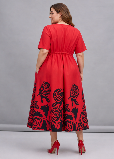 Літня червона бавовняна сукня з чорним принтом New Collection 23-1515 - XL-3XL - червоний - изображение 3