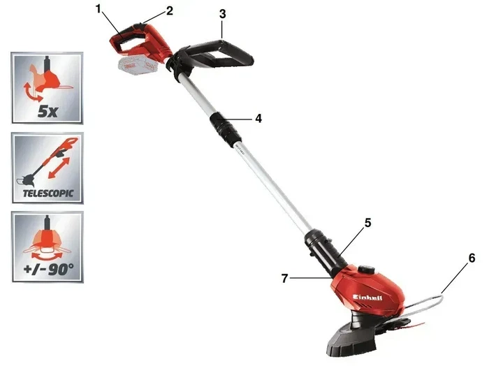 Акумуляторний тример Einhell GE-CT 18 Li комплект 18 В 2.5 Аг із зарядним пристроєм пластикові ножі (3411172) - Фото 3 Акумуляторний тример Einhell GE-CT 18 Li комплект 18 В 2.5 Аг із зарядним пристроєм пластикові ножі (3411172) - изображение 3