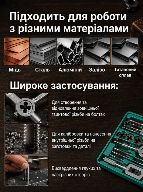 Набір мітчиків і плашок для нарізання різьби 20 предметів М3-М12 для внутрішньої та зовнішньої різьби у кейсі - зображення 3