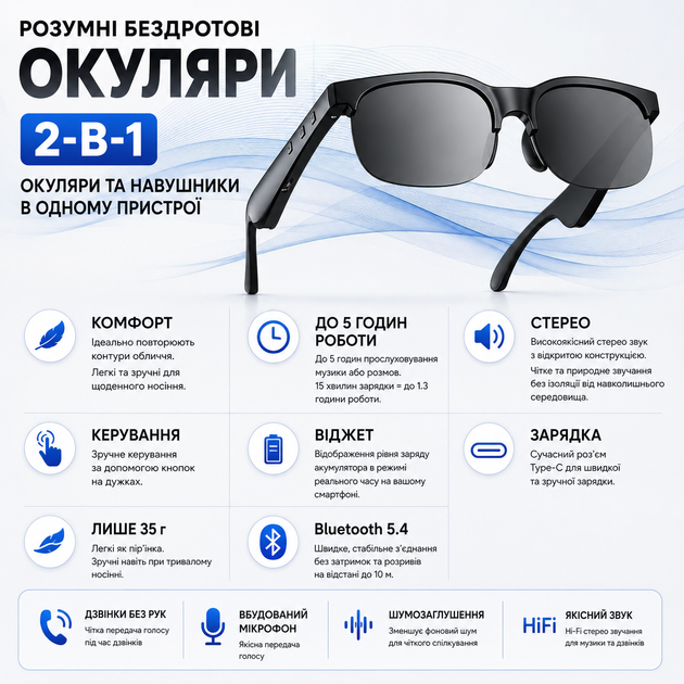 Умные беспроводные очки 2-в-1 TOZOHASHZHE со встроенными беспроводными наушниками и микрофоном для телефона, Type-C. Черные - изображение 3
