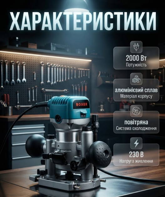 Фрезер электрический ручной BOXER 2000 Вт с набором 12 фрез цангами 6 и 8 мм регулировкой оборотов для фрезерования дерева пластика и обработки кромок - Фото 2 Фрезер электрический ручной BOXER 2000 Вт с набором 12 фрез цангами 6 и 8 мм регулировкой оборотов для фрезерования дерева пластика и обработки кромок - изображение 2