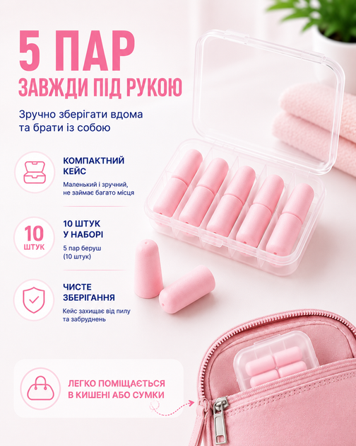 Беруши для сна от шума храпа беруши в кейсе мягкие противошумные вкладыши для ушей розовые 5 пар 10 шт для путешествий отдыха работы учебы компактные шумопоглощающие - изображение 3