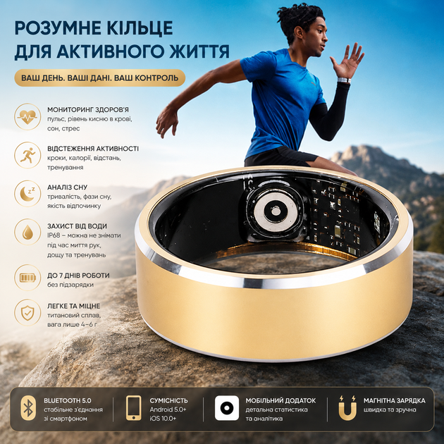 Умное кольцо Smart Ring IP68 для мониторинга здоровья и активности, фитнес-трекер Bluetooth для Android и iOS, золотое, размер 10 - изображение 2