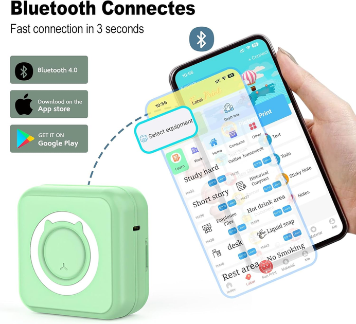 Мини-принтер HUIJUTCHEN Bluetooth 4.0, 205 DPI, для фото и этикеток, iOS/Android, 10 рулонов, зеленый - изображение 7