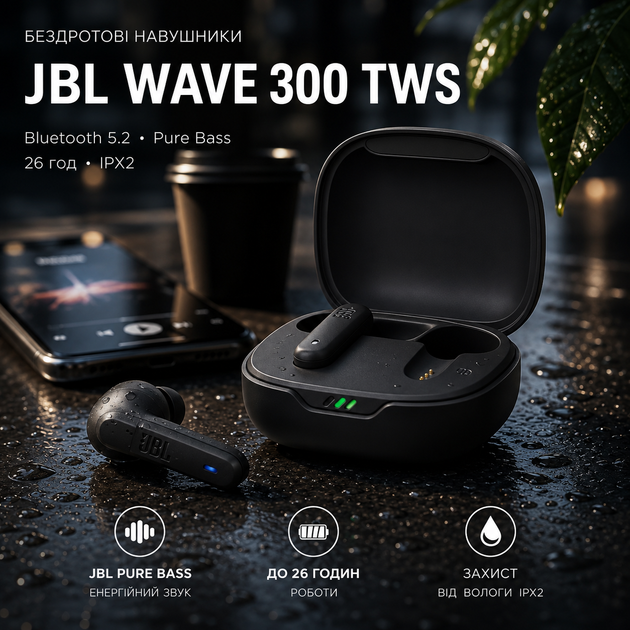 Беспроводные наушники JBL Wave 300 TWS Black Вкладыши Bluetooth наушники с Pure Bass сенсорные Черные - изображение 2