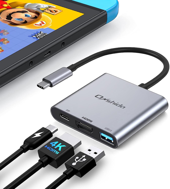 Док-станція Onshida 3в1 USB-C HDMI адаптер 4K 30Hz PD 100W USB 3.0 для Nintendo Switch MacBook Samsung DeX - зображення 4