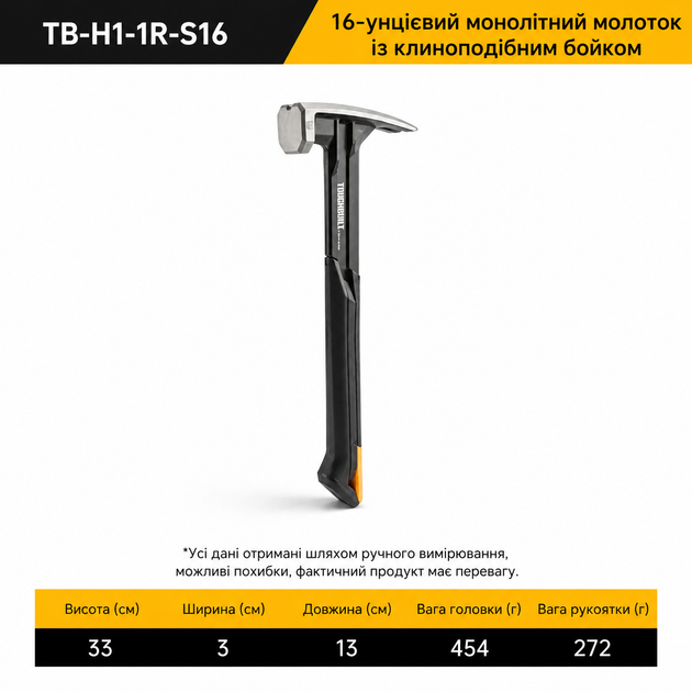 Молоток монолітний ToughBuilt TB-H1-1R-S16 16 oz 454 г сталевий з магнітним тримачем цвяхів професійний - Фото 4 Молоток монолітний ToughBuilt TB-H1-1R-S16 16 oz 454 г сталевий з магнітним тримачем цвяхів професійний - зображення 4