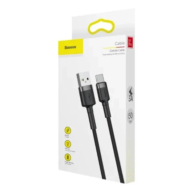 Кабель Baseus Cafule Cable USB For Type-C 3A 0.5m Gray+Black - Фото 2 Кабель Baseus Cafule Cable USB For Type-C 3A 0.5m Gray+Black - зображення 2