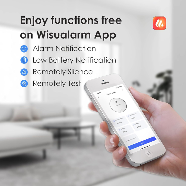 Дымовая сигнализация WISUALARM Wi-Fi 3 шт с фотоэлектрическим датчиком, уведомления на смартфон, 85 дБ, сменная батарея - изображение 8