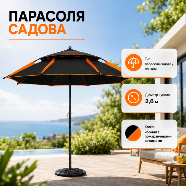 Садовый зонт 2,6 м, пляжный тент от солнца и легкого дождя, туристический навес с регулируемым наклоном, металлическим каркасом, усиленными спицами, чехлом для транспортировки, черный с оранжевыми вставками - Фото 2 Садовый зонт 2,6 м, пляжный тент от солнца и легкого дождя, туристический навес с регулируемым наклоном, металлическим каркасом, усиленными спицами, чехлом для транспортировки, черный с оранжевыми вставками - изображение 2