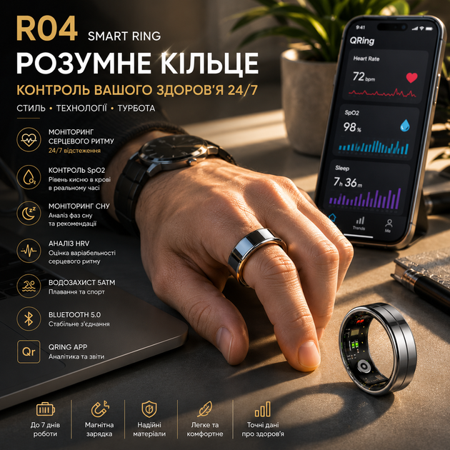 Розумне кільце R04 Smart Ring, моніторинг серцевого ритму, SpO2, сон, HRV, 5ATM, Bluetooth, QRing App - зображення 3