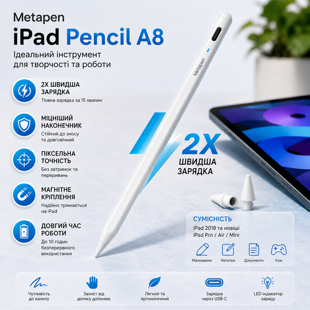 Стилус для Apple iPad Metapen Pencil A8 белый беспроводной активный ручка для планшета с магнитным креплением - Фото 2 Стилус для Apple iPad Metapen Pencil A8 белый беспроводной активный ручка для планшета с магнитным креплением - изображение 2