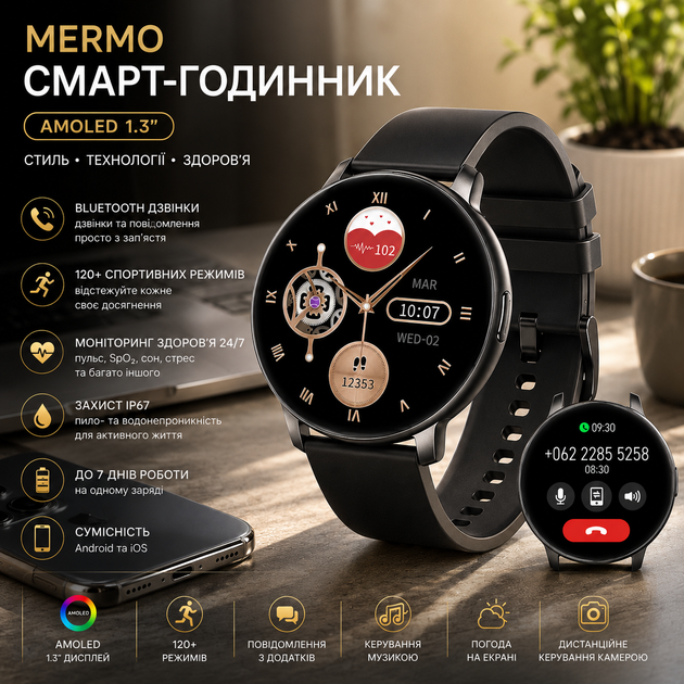 Смарт-годинник Mermo AMOLED 1.3", Bluetooth дзвінки, 120+ спортивних режимів, SpO2, IP67, для Android та iPhone - Фото 1 Смарт-годинник Mermo AMOLED 1.3", Bluetooth дзвінки, 120+ спортивних режимів, SpO2, IP67, для Android та iPhone - зображення 1