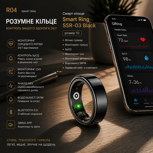 Смарт-кольцо Smart Ring SSR-03 Black размер 11, фитнес трекер, пульс, SpO2, сон, 5ATM, зарядный кейс - изображение 2