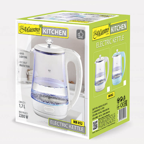 Електрочайник 1,7л 1850-2200W скло (диск) блакитний MR-052-BLUE Maestro - изображение 3