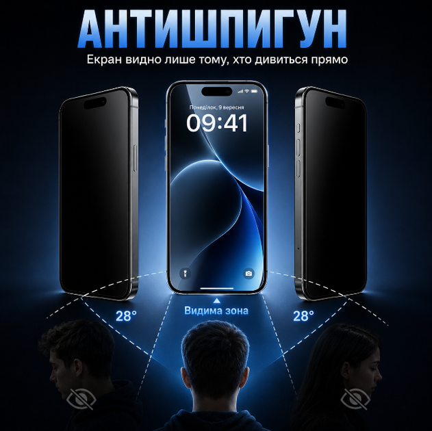 Защитное стекло для iPhone 17 Pro антишпион Privacy черное приватное стекло 3D 9H на экран с защитой от царапин - изображение 2