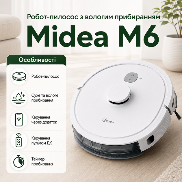 Автоматический уборщик Midea для сухой и влажной очистки пола, беспроводной робот с дистанционным управлением через приложение или пульт ДУ, мощность всасывания 2000 Па, лазерный дальномер, контейнер 500 мл, белый - Фото 5 Автоматический уборщик Midea для сухой и влажной очистки пола, беспроводной робот с дистанционным управлением через приложение или пульт ДУ, мощность всасывания 2000 Па, лазерный дальномер, контейнер 500 мл, белый - изображение 5