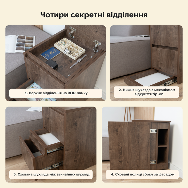 Приліжкова тумба Fedor'Kov B26 з прихованими відділеннями та RFID замком, 4 таємні ніші, ДСП 18 мм, 40×45×60 см Кремовий - зображення 2