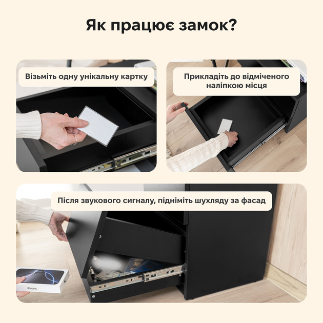 Приліжкова тумба Fedor'Kov B30 з прихованими відділеннями та RFID-замком, 2 таємні ніші, ДСП 18 мм, 40×40×55 см, Білий - зображення 2