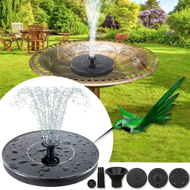 Плавающий садовый фонтан с солнечной панелью и различными насадками Solar Fountain Черный - изображение 5