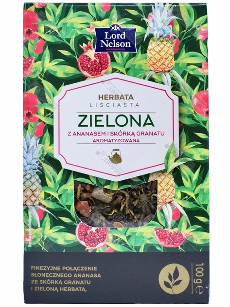 Чай зелений листовий Lord Nelson з ананасом і шкіркою граната Green Tea 100 г - Фото 1 Чай зелений листовий Lord Nelson з ананасом і шкіркою граната Green Tea 100 г - зображення 1
