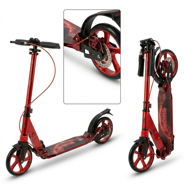 Самокат двухколесный складной с колесами 200мм и дисковым тормозом Scooter Prime 1364 Red-Black - изображение 5
