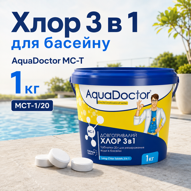 Комплексний засіб для дезінфекції басейну AquaDoctor Мультихлор 3 в 1 міні-таблетки по 20 г 1 кг - Фото 2 Комплексний засіб для дезінфекції басейну AquaDoctor Мультихлор 3 в 1 міні-таблетки по 20 г 1 кг - изображение 2