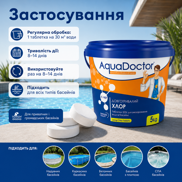 Хімія для постійної підтримки чистоти басейну AquaDoctor довготривалий хлор таблетований 5 кг - зображення 4