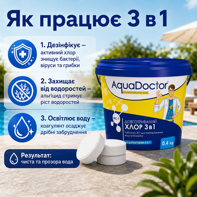 Мультифункціональний хлор 3 в 1 для басейну AquaDoctor таблетки по 200 г 0.4 кг - изображение 4