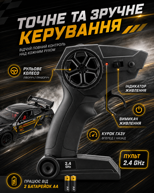 Радиоуправляемая машинка спорткар 1:24 на пульте 2.4GHz с USB-зарядкой светом открывающейся дверью и капотом модель авто 20,7х8,6х5,5 см для детей игрушечный гоночный автомобиль черный повороты реалистичный салон и спойлер корпус - изображение 5