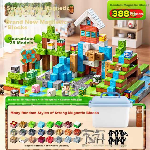 Магнитный конструктор LIVING STONES в стиле Minecraft Magnetic 388 блоков - изображение 2