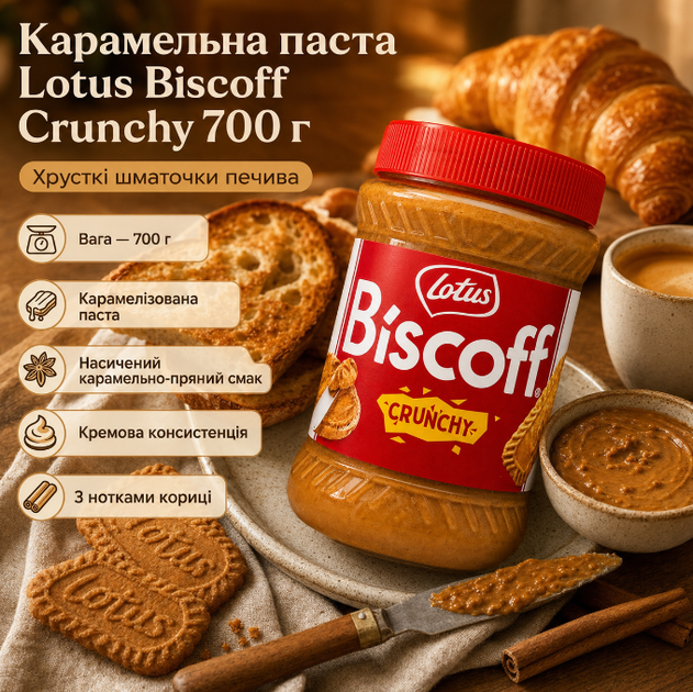 Карамельная паста Lotus Biscoff Crunchy 700 г с хрустящими кусочками карамелизированного печенья для тостов блинов выпечки и десертов - Фото 1 Карамельная паста Lotus Biscoff Crunchy 700 г с хрустящими кусочками карамелизированного печенья для тостов блинов выпечки и десертов - изображение 1