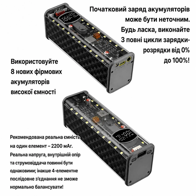 Корпус для складання Power Bank 65W на 8 акумуляторів 18650, підтримка заряджання ноутбуків, PD 3.1, USB, Type-C, DC 3.3-24V, дисплей, LED-підсвітка - изображение 6