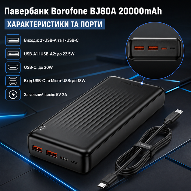 Павербанк Borofone BJ80A Clever PD 20000mAh 22 5W 3A с двумя портами USB Type C быстрой зарядкой PD QC и LED индикатором черный - изображение 2