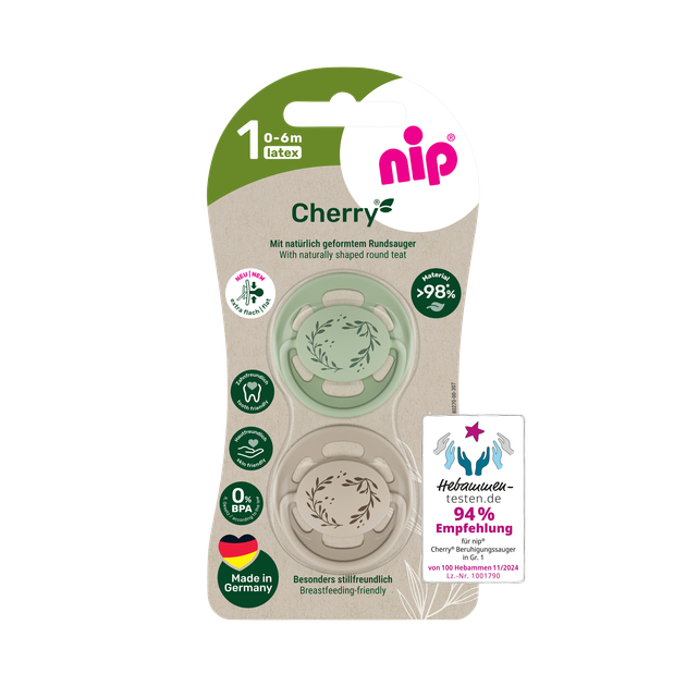 Пустышка латексная круглая для детей 0–6 месяцев NIP Cherry арт. 38875-51 2 шт. зеленый/бежевый - Фото 1 Пустышка латексная круглая для детей 0–6 месяцев NIP Cherry арт. 38875-51 2 шт. зеленый/бежевый - изображение 1