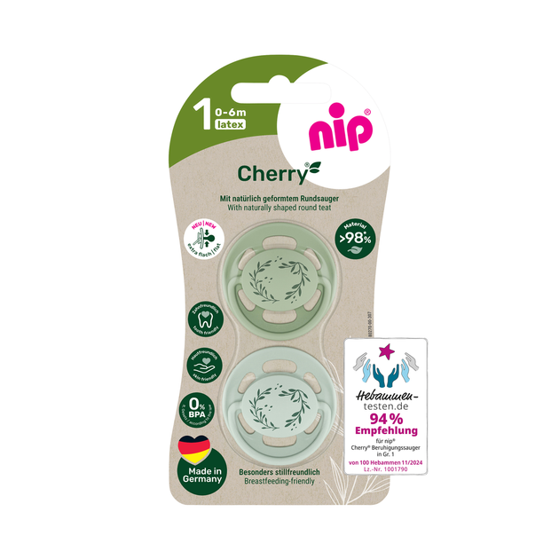 Пустышка латексная круглая для детей 0–6 месяцев NIP Cherry арт. 91032-51 2 шт. зеленый/светло-зеленый - Фото 1 Пустышка латексная круглая для детей 0–6 месяцев NIP Cherry арт. 91032-51 2 шт. зеленый/светло-зеленый - изображение 1
