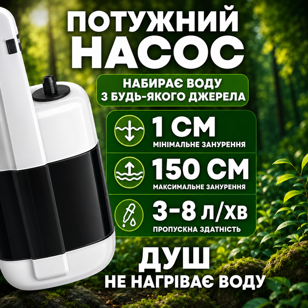 Душ аккумуляторный туристический переносной кемпинговый портативный мобильный душ на аккумуляторе с насосом Белый - изображение 2