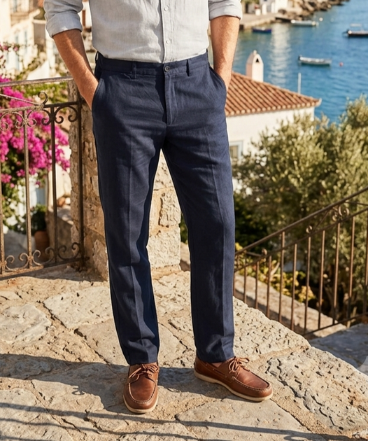 Мужские льняные штаны Marks & Spencer Regular Fit темно-синие р. 38/33 - Фото 1 Мужские льняные штаны Marks & Spencer Regular Fit темно-синие р. 38/33 - изображение 1