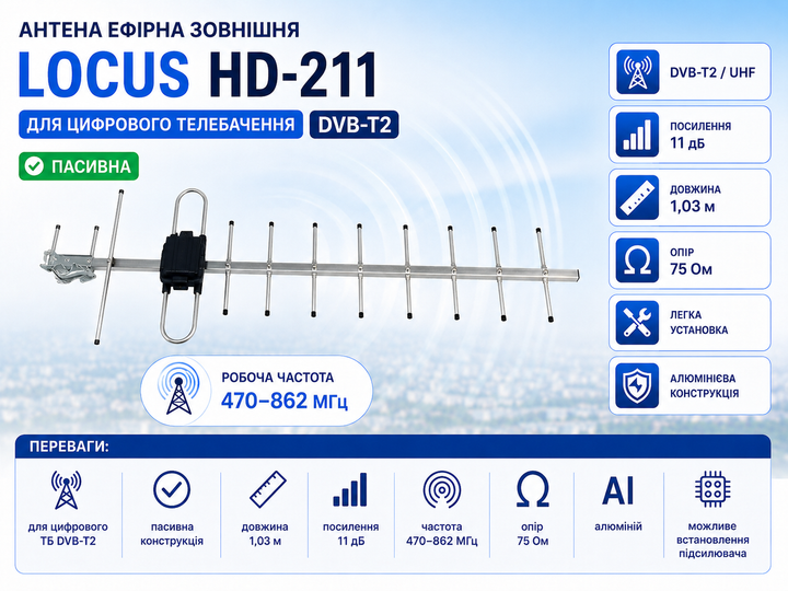 Антена зовнішня ефірна Locus HD-211 1.03 м пасивна для цифрового телебачення DVB-T2 - Фото 1 Антена зовнішня ефірна Locus HD-211 1.03 м пасивна для цифрового телебачення DVB-T2 - изображение 1